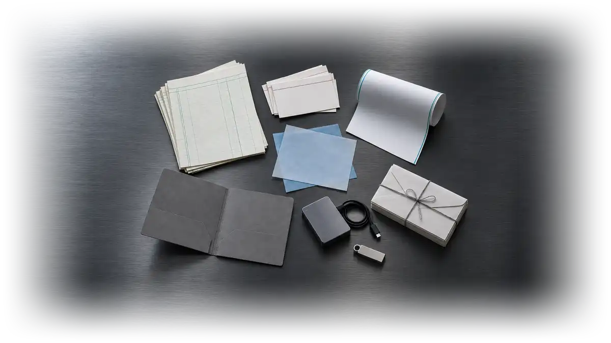 Blank ledger sheets, index cards, carbon copies, a roll of fax paper, a folder, a drive and a bundle of envelopes lie in separate piles on a metal desk.