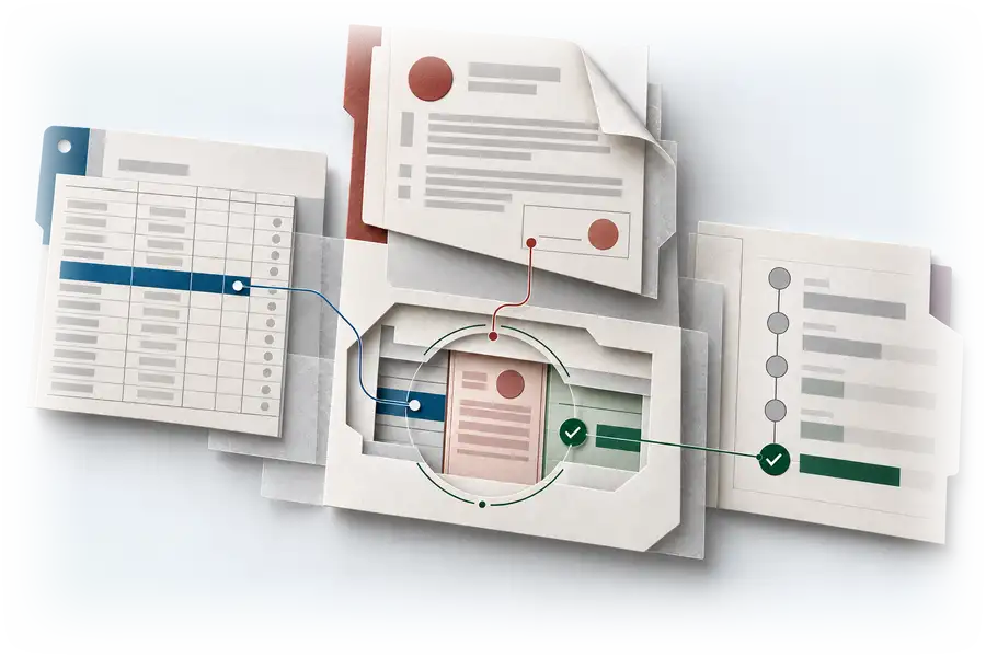 Three paper folders, holding a table, a contract and a timeline, are joined by fine coloured threads to a lens in a central folder, where their pieces line up as one record with a green tick.