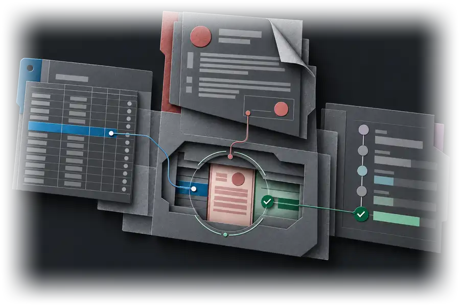 Three paper folders, holding a table, a contract and a timeline, are joined by fine coloured threads to a lens in a central folder, where their pieces line up as one record with a green tick.