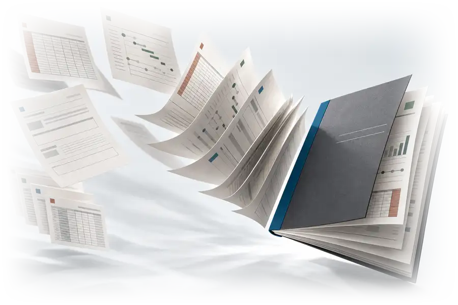 Loose pages of tables and charts fly in from the left and settle into a bound report with a blue spine.