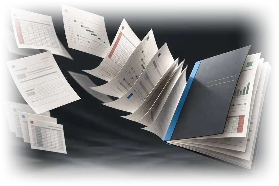 Loose pages of tables and charts fly in from the left and settle into a bound report with a blue spine.
