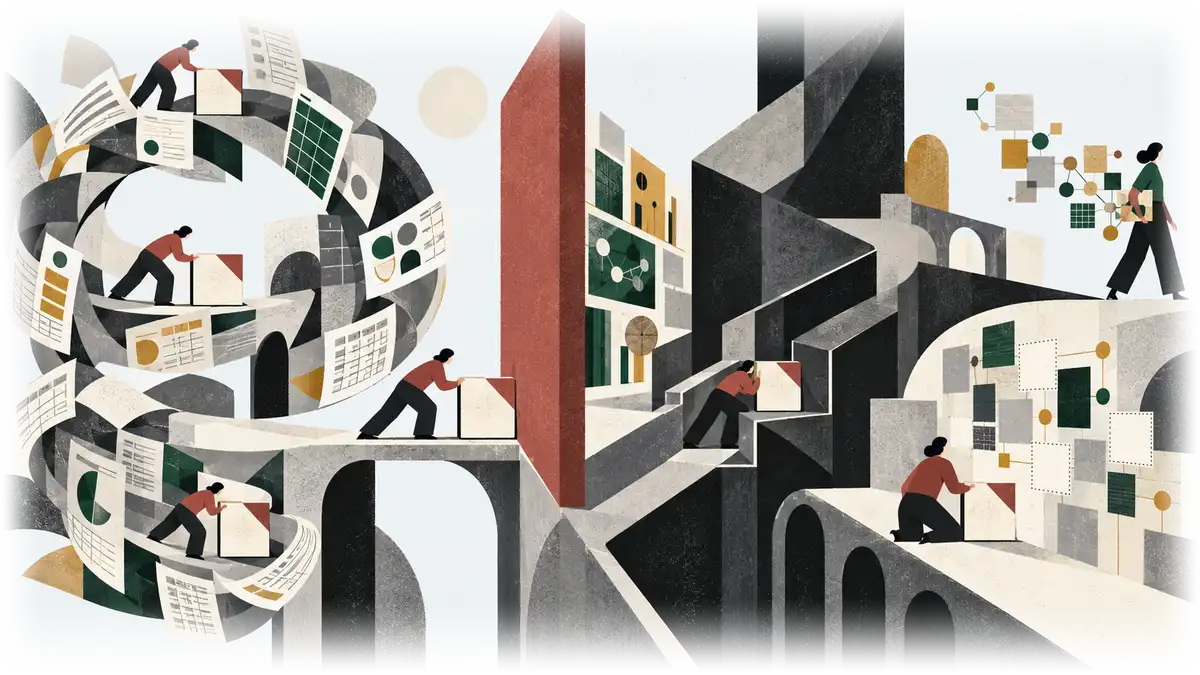 An illustration of a maze of stairs, arches and spiralling paper, where people in red shirts push heavy boxes along the paths, while at the top one person walks on with a small box, a web of linked squares and dots trailing behind her.