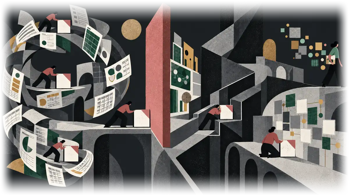 An illustration of a maze of stairs, arches and spiralling paper, where people in red shirts push heavy boxes along the paths, while at the top one person walks on with a small box, a web of linked squares and dots trailing behind her.